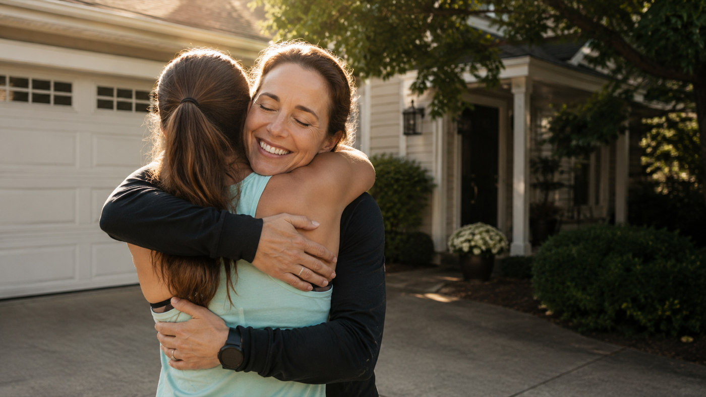 A runner hugs family after a run