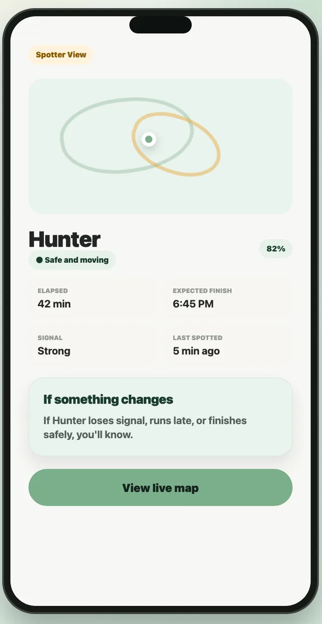 RunSpotter spotter view: live map, battery, signal, and expected finish for a runner